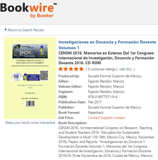 CENSM 2016 ha sido satisfactoriamente Indexado en: BOOKWIRE de Bowker mediante ISBN.org   Consulta la indexación ONLINE